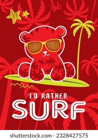 i'd rather surf slogan red summer kids t shirt. cute bear t shirt for kids in summer. red and green with palm tree and surfing bear. summer vibes tee