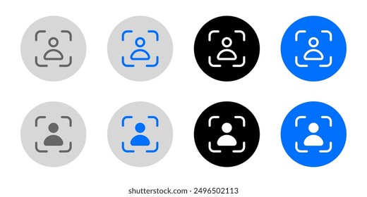ID scanner icon. User identification sign. Identity authorization symbol. Personal photo illustration. Portrait pictogram. Grey, blue and black button. - Powered by Shutterstock - Get 15% off with code: PIKWIZARD15