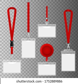 Id security cards and identification badge with lanyard vector set. Metal closure and card with plastic. Accreditation for events, meetings, fairs, congresses and companies.  Isolated.