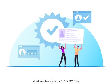 Id Verification and Biometric Data Scanning. Security, Digital Technologies for Mobile Phones and Computers. Account Secure Access. Tiny Character with Huge Profile. Cartoon People Vector Illustration