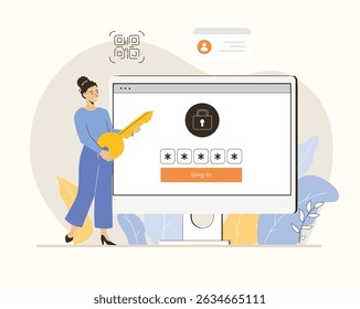 ID verification, identification for access to personal data information. Woman with key, login and password form page. Flat vector illustration.	
