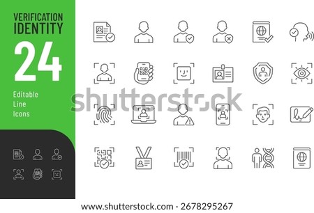 
ID and Verification line Editable Icons set. Vector illustration in modern thin line style of personal data related icons: biometric, barcode, passport, and more. Isolated on transparent background.
