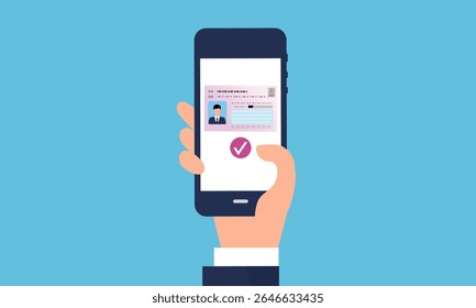 ID Verification via Smartphone - Flat Vector Illustration of Digital Identity Check and Authentication Process