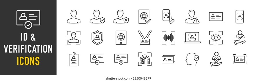 Iconos web de ID y verificación en estilo de línea. Pasaporte, biométrico, herramientas, permiso de conducción, identificación facial, código, dedo, colección. Ilustración vectorial.