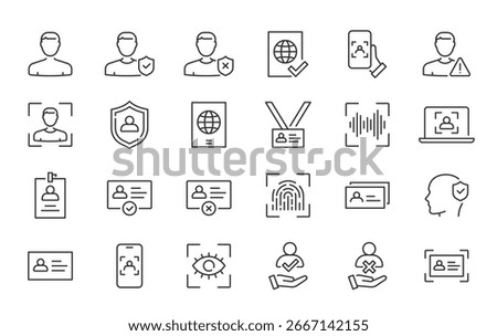 ID and Verification web icons in line style. Passport, biometric, tools, driving license, face id, code, finger, collection. Vector illustration.