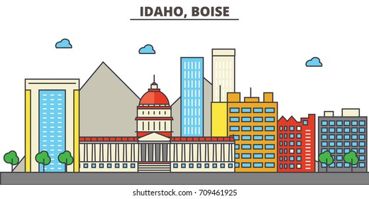 Idaho, Boise.City skyline: architecture, buildings, streets, silhouette, landscape, panorama, landmarks, icons. Editable strokes. Flat design line vector illustration concept.