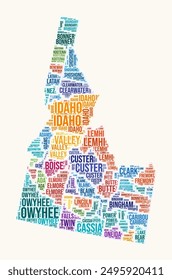 Nube de palabras del condado de Idaho. Logotipo del estado. Condados tipografía estilo Imagen de Vector. Nube de texto coloreada de Idaho. Ilustración vectorial elegante.