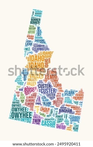 Idaho counties word cloud. State logo design. Counties typography style vector image. Idaho colored text cloud. Elegant vector illustration.