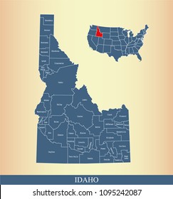 Idaho county map with names labeled. Idaho state of USA map vector outline 