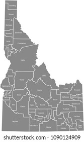 Idaho county map vector outline in gray background. Idaho state of USA map with counties names labeled
