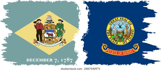 Idaho and Delaware states grunge brush flags connection, vector