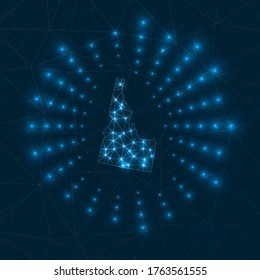 Idaho digital map. Glowing rays radiating from the US state. Network connections and telecommunication design. Vector illustration.