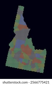 Idaho dotted map. Digital style map of the state on dark background. Idaho shape with square dots. Colored dots style. Small size squares. Abstract vector illustration.
