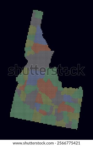 Idaho dotted map. Digital style map of the state on dark background. Idaho shape with square dots. Colored dots style. Small size squares. Abstract vector illustration.