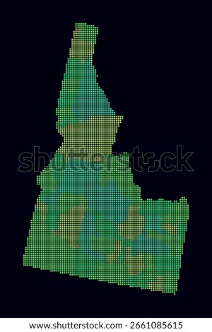Idaho dotted map. Digital style map of the state on dark background. Idaho shape with circle dots. Colored dots style. Small size circles. Creative vector illustration.