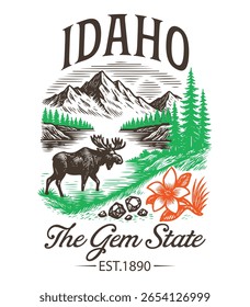 Idaho The Gem State - Estados Unidos Estado Cityscape T-shirt Vetor, Ícones americanos de referência, Vintage Estados Cityscape Camisa, Retro Travel City Art, Estados Citações de referência, Estado de férias Ilustração