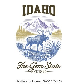 Idaho The Gem State - Image vectorielle de T-shirt Vintage, Icônes de Point d'intérêt de paysage urbain des Etats-Unis, Chemise de typographie de l'Etat américain, art de Clip de ligne de ciel des Etats-Unis, illustration de ville de voyage rétro
