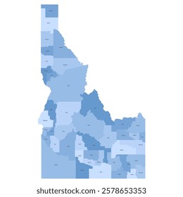 Idaho, ID - detailed political map of US state. Administrative map divided into counties. Blue map with county name labels. Vector illustration