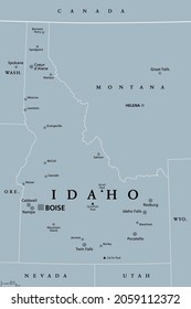 Idaho, ID, gray political map with capital Boise, borders, important cities, rivers and lakes. State in the Pacific Northwest region of the Western United States of America nicknamed Gem State. Vector