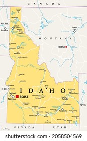 Idaho, ID, Political Map With The Capital Boise, Borders, Important Cities, Rivers And Lakes. State In The Pacific Northwest Region Of The Western United States Of America, Nicknamed Gem State. Vector