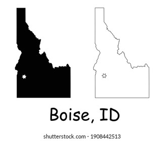 Idaho ID State Map USA With Capital City Star At Boise. Black Silhouette And Outline Isolated On A White Background. EPS Vector