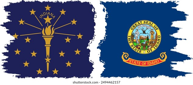 Idaho and Indiana states grunge brush flags connection, vector