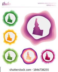 Idaho logo collection. Colorful logo of the US state. Unique layered dynamic frames around Idaho border shape. Vector illustration.