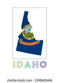 Idaho Logo. Map of Idaho with us state name and flag. Charming vector illustration.