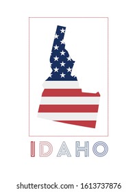 Idaho Logo. Map of Idaho with us state name and flag. Classy vector illustration.