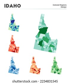 Colección de mapas de Idaho. Fronteras de Idaho para su infografía. Las regiones del estado de los estados unidos con colores. Ilustración vectorial.