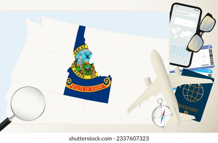 Idaho map and flag, cargo plane on the detailed map of Idaho with flag, passport, magnifying glass and airplane. Vector template.