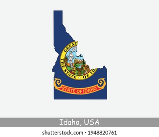 Idaho Map Flag. Map of ID, USA with the state flag isolated on white background. United States, America, American, United States of America, US State. Vector illustration.