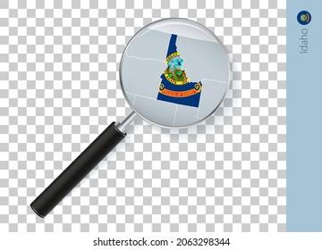 Idaho map with flag in magnifying glass on transparent background. Vector loupe with map.