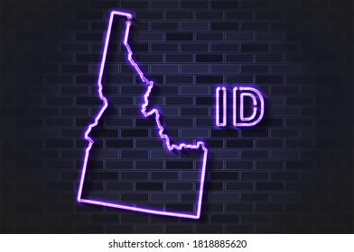 Idaho mapea lámpara de neón brillante o tubo de vidrio. Ilustración vectorial realista. Muro de ladrillo negro, sombra suave.