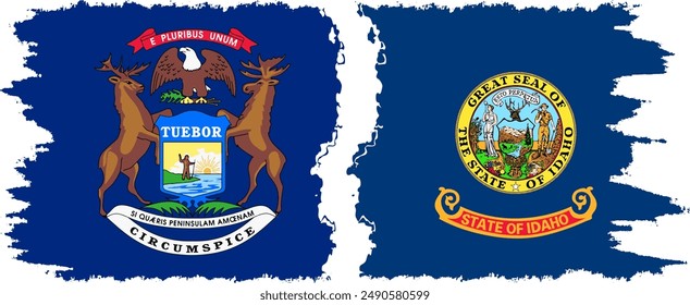 Idaho and Michigan states grunge brush flags connection, vector