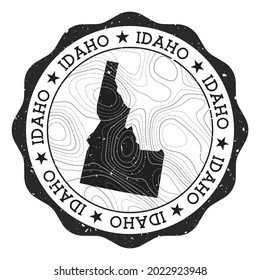 Idaho outdoor stamp. Round sticker with map of us state with topographic isolines. Vector illustration. Can be used as insignia, logotype, label, sticker or badge of the Idaho.