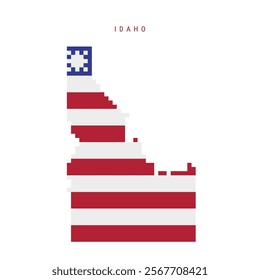 Idaho pixel flag map icon. 8 bit pixel art map covered with american flag. Flat vector illustration isolated on white background.