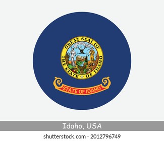 Bandera circular redonda de Idaho. Icono de la pancarta del botón circular del estado de EE.UU. Idaho Bandera Estatal de los Estados Unidos de América. Vector EPS de estado de Gem