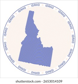 Projeto de logotipo redondo Idaho. Forma de estado de anéis. Texto de Idaho ao redor do estado. Ilustração de vetor.