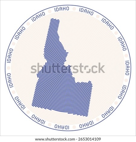 Idaho round logo design. State shape built of rings. Idaho text around the state. Vector Illustration.