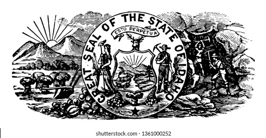 The Idaho seal contain a woman and a miner which represnting equility, liberty and justice vintage line drawing.