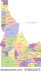 Idaho state administrative map with counties and seats. Colored. Vectored. Bright colors