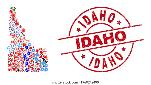 Idaho State map collage and rubber Idaho red round stamp print. Idaho stamp uses vector lines and arcs. Idaho State map mosaic includes gears, homes, showers, suns, men, and more icons.