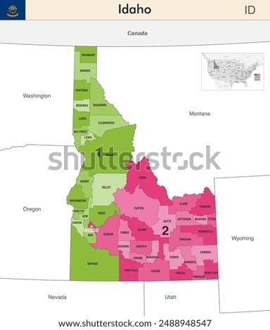Idaho state map with counties borders and colored congressional districts boundaries due to The 2020 United States census and which is valid since 2023. Flag of Idaho. Vector