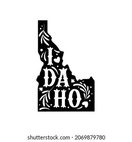 Idaho state map with doodle decorative ornaments. For printing on souvenirs and T-shirts