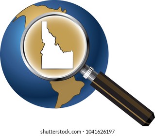 Idaho State Map Enlarged with Magnifying Glass on Globe