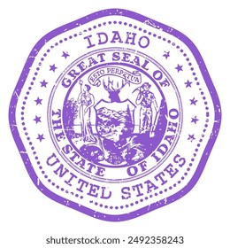 Sello estatal de Idaho con sello, sello de viaje de EE.UU., sello postal en mal estado de Idaho, Vector