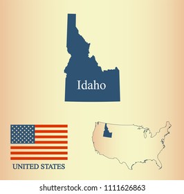 Idaho state of USA map vector outline. American flag and map grunge background