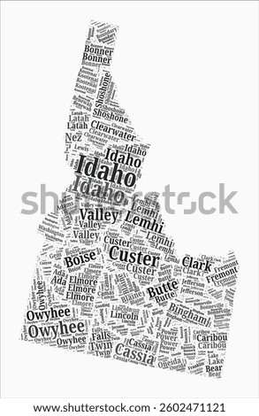 Idaho Text Style Counties. State region names word clouds in English language. Beautiful vector illustration.