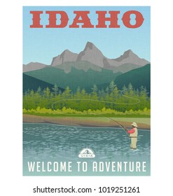 Idaho, United States travel poster or sticker. Fly fishing in mountain stream.
